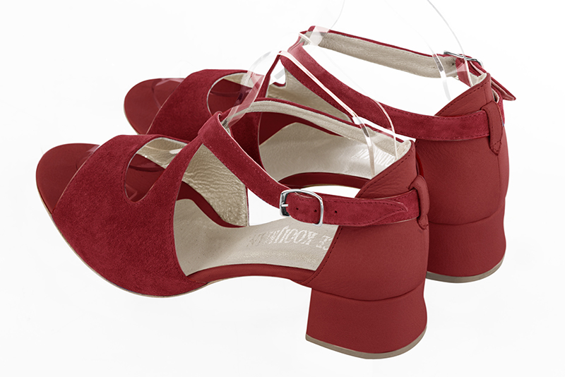 Cardinal red women's closed back sandals, with crossed straps. Round toe. Low flare heels. Rear view - Florence KOOIJMAN